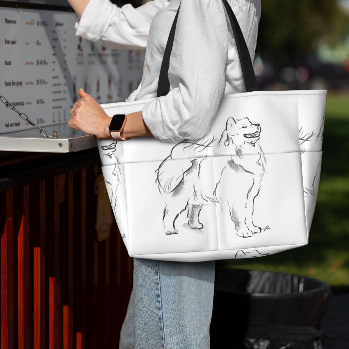 Yoga Fitness Drawing - Samoyedo dibujo playa bolso de mano